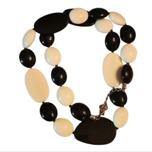 Black white oval round plastic vintage new beaded necklace